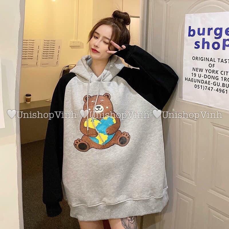 Áo hoodie gấu phối tay freesize dành cho nam và nữ