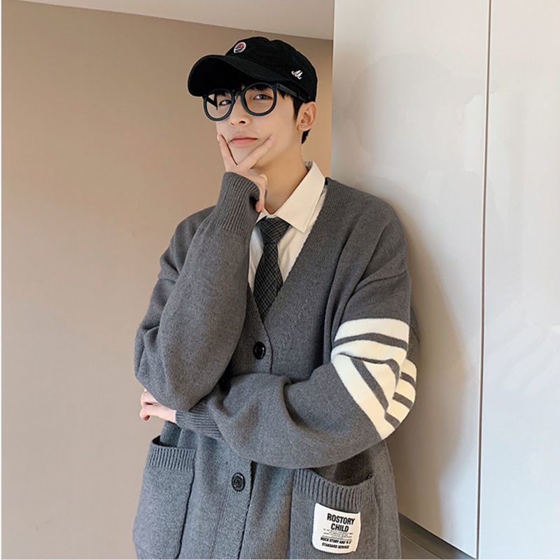 Áo Khoác Cardigan Len Dày Dáng Rộng Phong Cách Preppy Hàn Quốc Dễ Phối Đồ Thời Trang Thu Đông Cho Nam