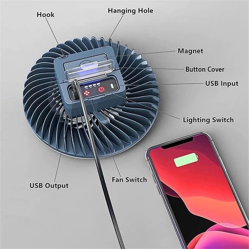 Quạt Cắm Trại Khẩn Cấp 2 Trong 1 Siêu Sáng Có Đèn LED Sạc USB Chống Nước Có Thể Treo Được