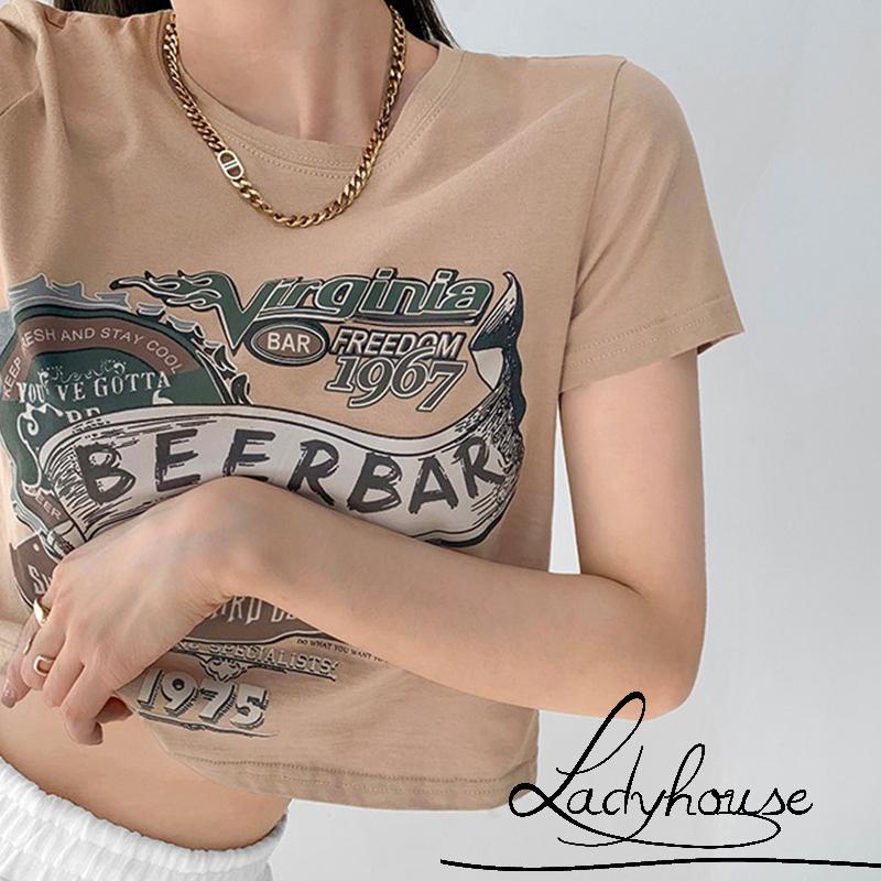 Áo Croptop Ngắn Tay Cổ Tròn In Chữ Thời Trang Xuân Hè Cho Nữ