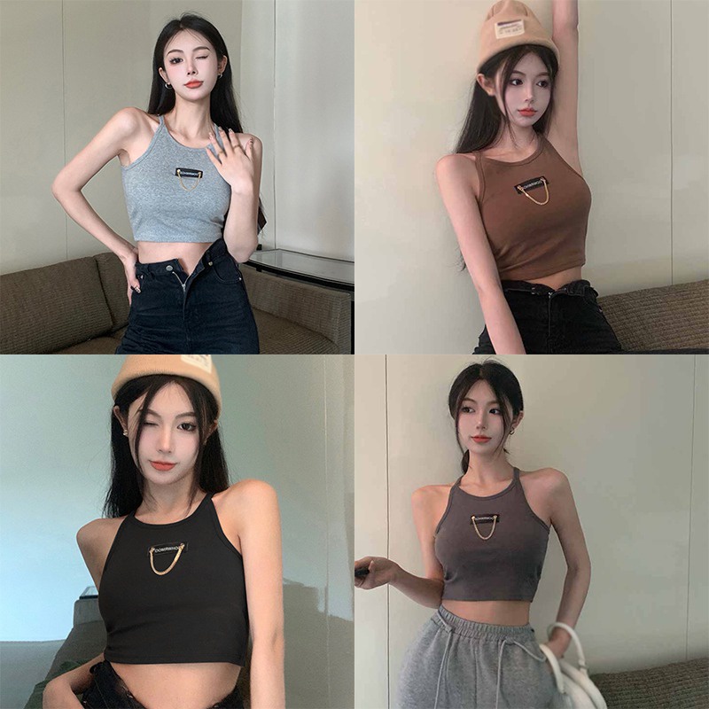 Áo Croptop Hai Dây Ôm Dáng Phối Dây Xích Và Đệm Ngực In Chữ Phong Cách Hàn Quốc Cho Nữ