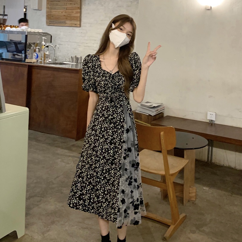 Đầm ZHELIHANGFEI họa tiết hoa cổ vuông dáng dài xinh xắn dành cho nữ