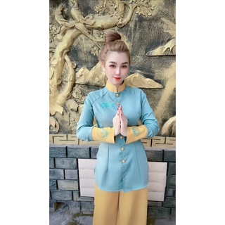 set đồ lam đi chùa cao cấp vải lụa thêu mã d22