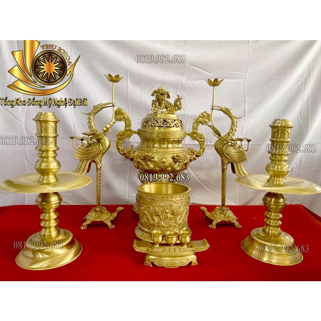 Bộ Đỉnh Đồng Ngũ Sự Đỉnh Hạc Chân Đèn Bằng Đồng Kích Thước Chuẩn Phong Thủy, Bộ Lư Đặt Bàn Thờ Bằng Đồng Đại Bái Cao 50