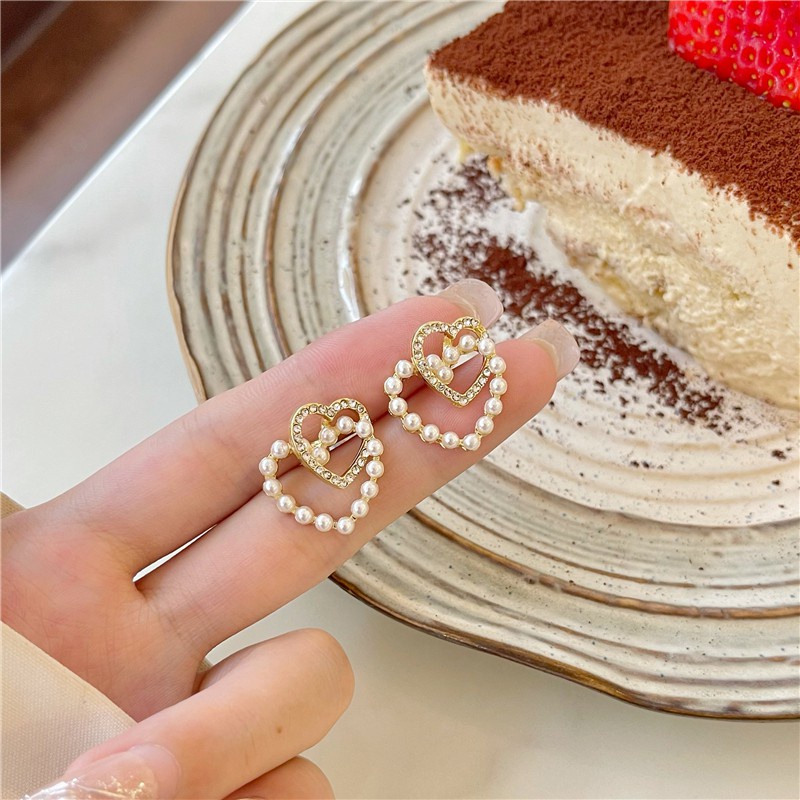 Bông tai mạ bạc 925 hình trái tim đôi đính kim cương ngọc trai giả kiểu Hàn Quốc F028