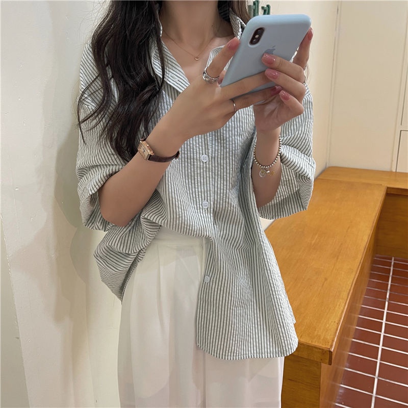 Áo sơ mi IELGY dáng rộng họa tiết kẻ sọc phong cách Hàn Quốc thời trang cho nữ