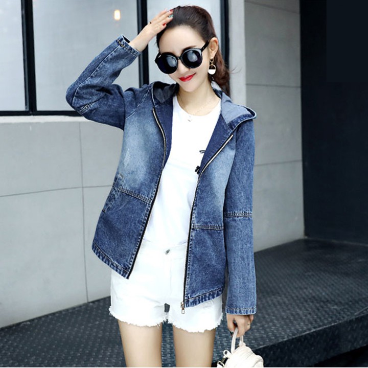 Áo Khoác Jean Nữ Dài Tay Nón Trùm Thời Trang