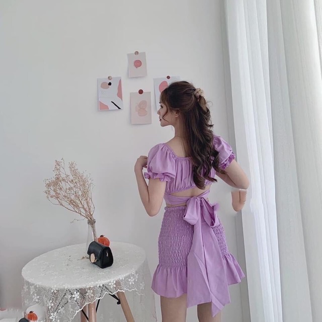 [ Mã FAMAYWA2 giảm 10K đơn 50K] Sét bộ váy nhúm xoè áo kiểu bệt vai cột dây eo | BigBuy360 - bigbuy360.vn