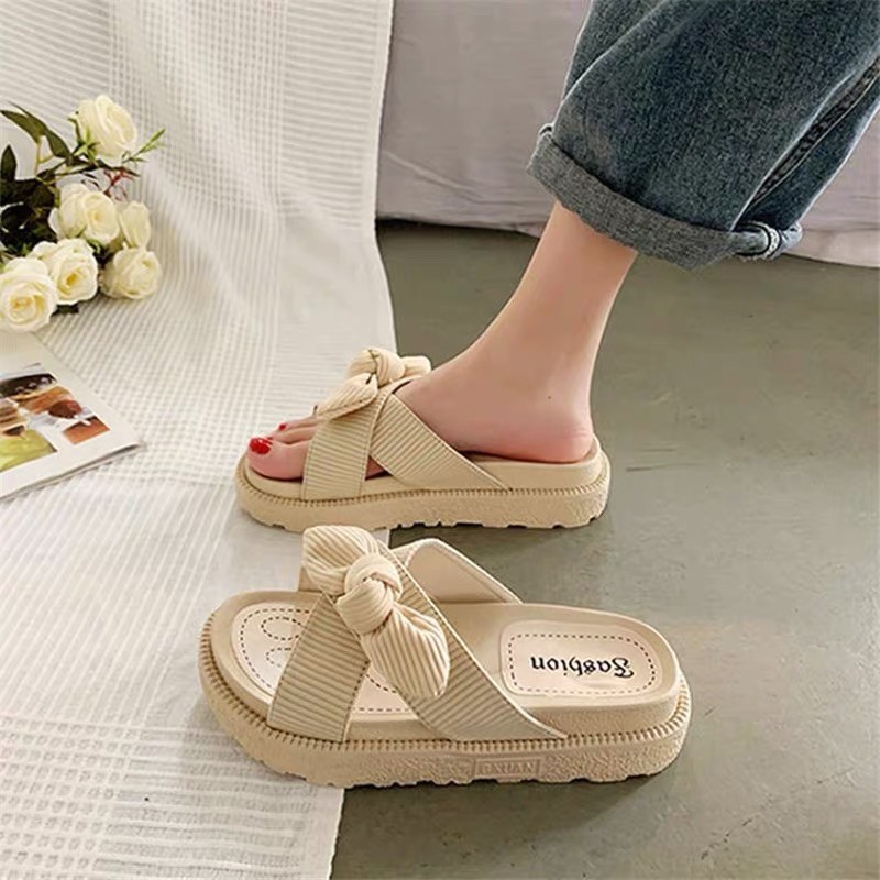 (ORDER) Dép lê bánh mì quai da lộn 4cm nơ chéo BIG SIZE 35-44