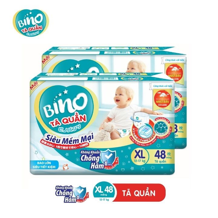 Combo 2 bao Tã quần Bino M60/L54/XL48/XXL44 - Công nghệ Nhật Bản kháng khuẩn, chống hăm, bảng lưng thun siêu mềm mại