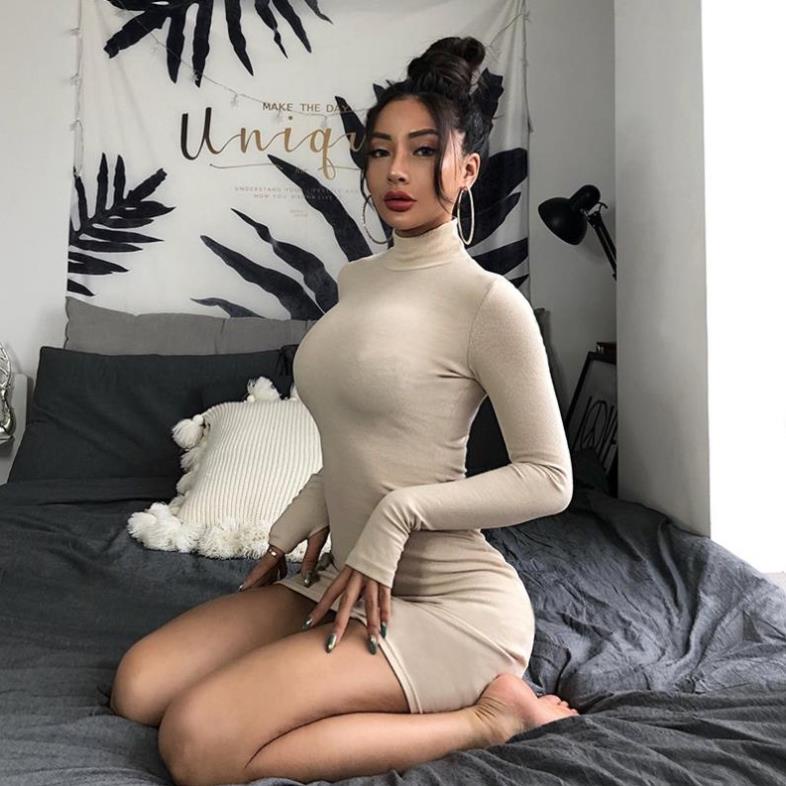 Váy len body nữ cao cổ dáng lửng dài tay