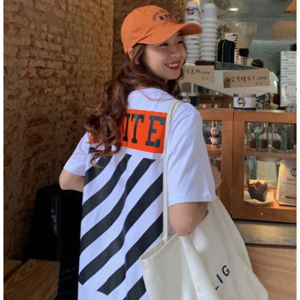 Áo thun tay lỡ form rộng unisex off white sọc kẻ cho nam nữ freeship toàn quốc