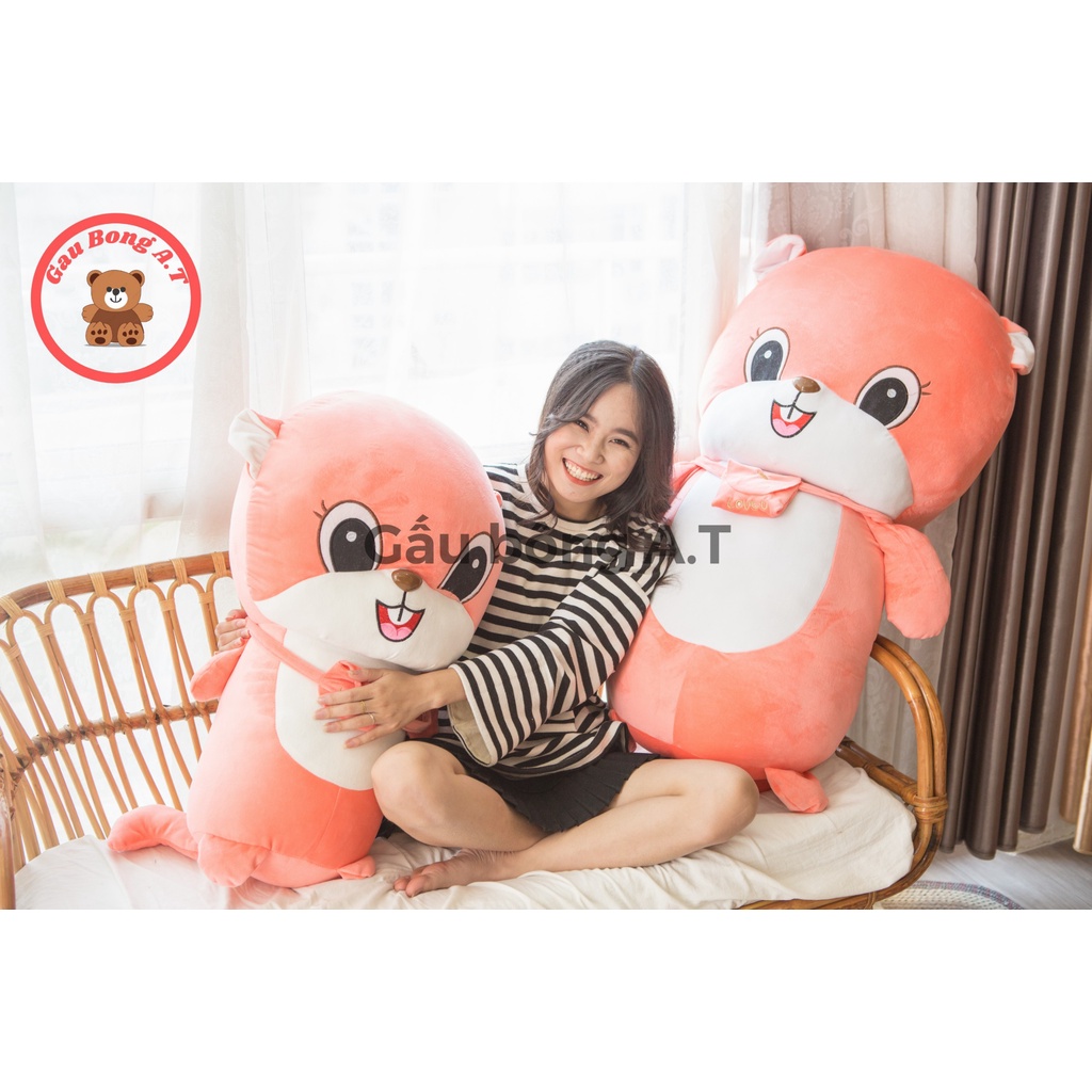 Gấu Bông Sóc Hông đeo túi cute dễ thương, Sóc răng thỏ khủng lồ, Gối ôm hình thú nhồi bông size 75cm-1m