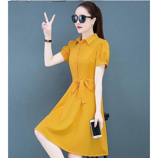 Váy sơ mi xanh than cộc tay thắt eo