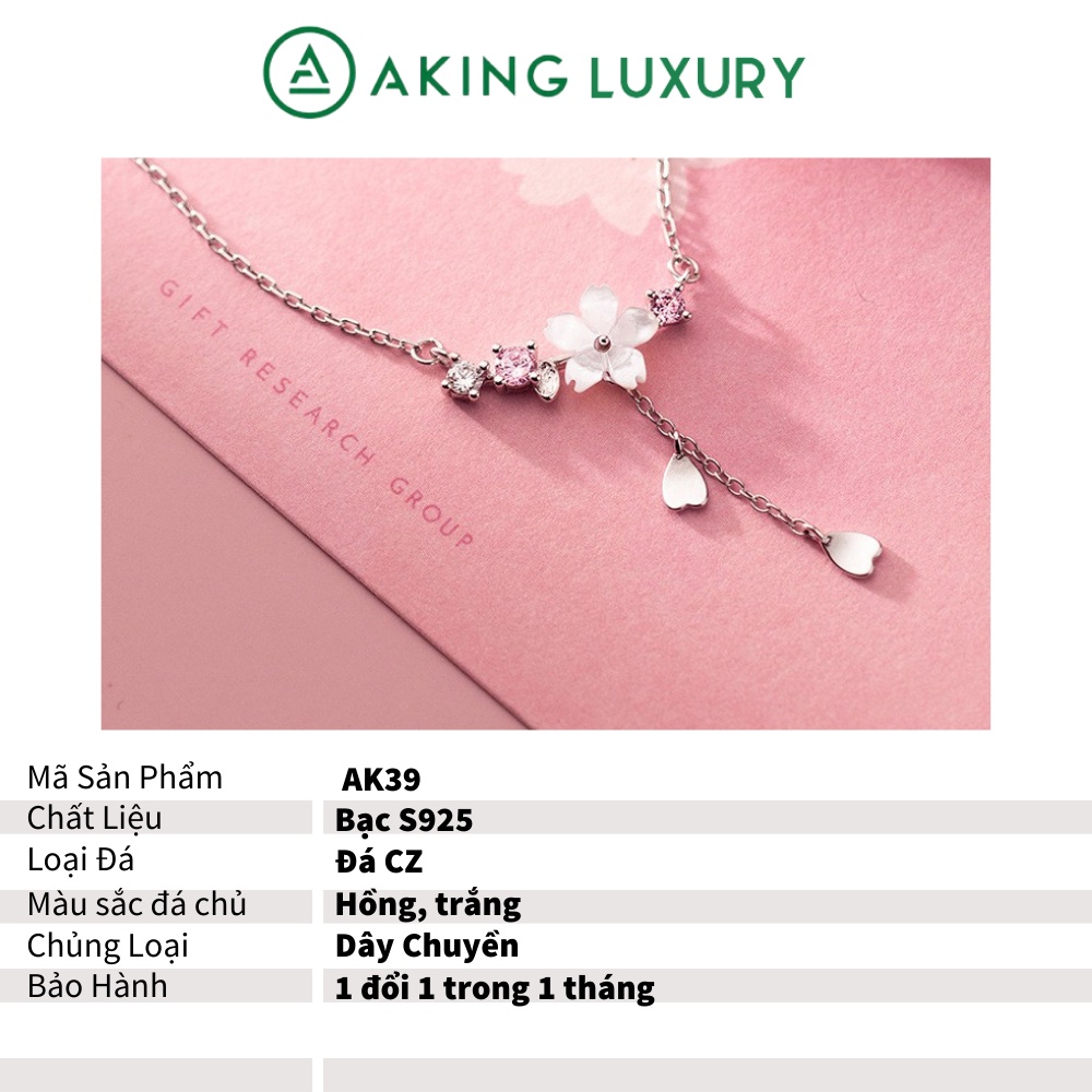 Dây Chuyền Bạc AKING LUXURY AK39, Dây chuyền Nữ thiết kế hình Cánh Hoa Mong Manh, điểm xuyến đá tinh tê. Mới nhất 2021