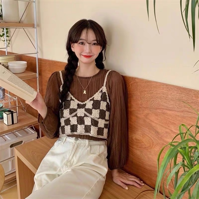 MS573 Áo hai dây len đan móc kẻ cảo đi biển, mix váy áo