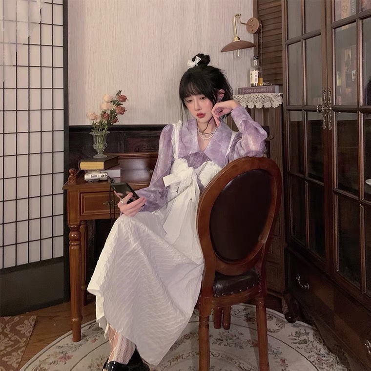 Set Áo Sơ Mi Nhuộm Màu Tím Nho Phối Chân Váy Yếm Hai Mặt Phong Cách Retro Thời Trang Mùa Hè