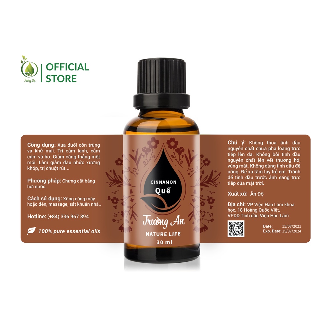 Tinh dầu quế Cinnamon Trường An Essential Oil, xuất sứ thiên nhiên không pha tạp chất, có giấy kiểm định COA