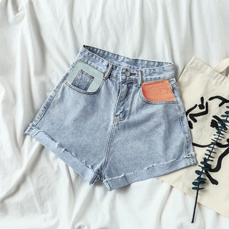 Quần Short Jean Lưng Cao Ống Rộng Phối Màu Sắc Độc Đáo Thời Trang Mùa Hè Cá Tính Cho Nữ