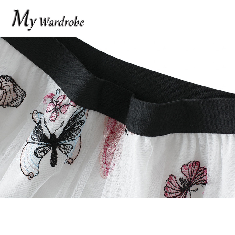 Chân Váy Lưới Thêu Hình Bướm Dáng Xòe Lưng Cao Dài Trung Bình Cho Nữ（1813 ）