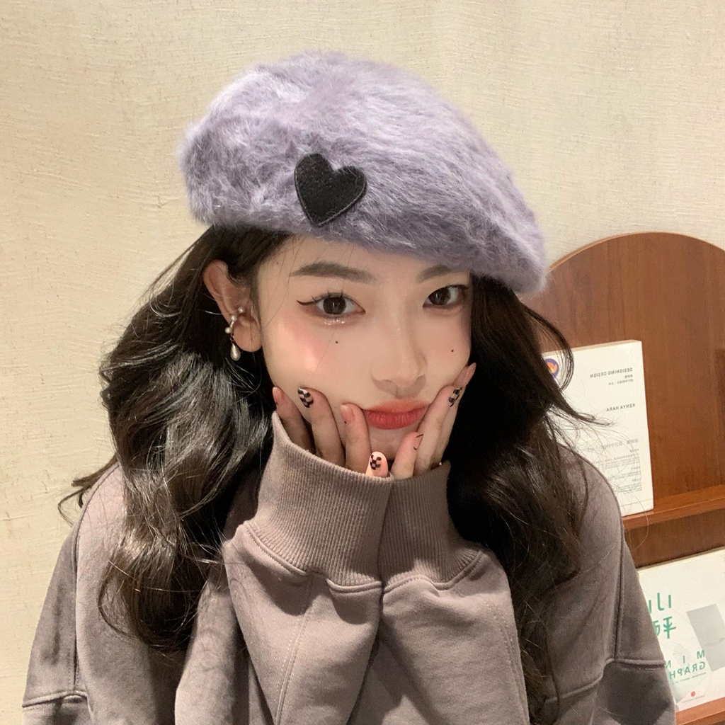 Congee Cocoa Mũ Beret Lông Thỏ Màu Trắng Thêu Hình Trái Tim Mùa Thu Đông Dành Cho Bạn Nữ