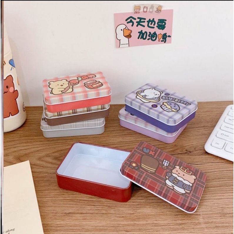 Hộp thiếc mini hình gấu vintage đựng trang sức, phụ kiện, pan màu đáng yêu