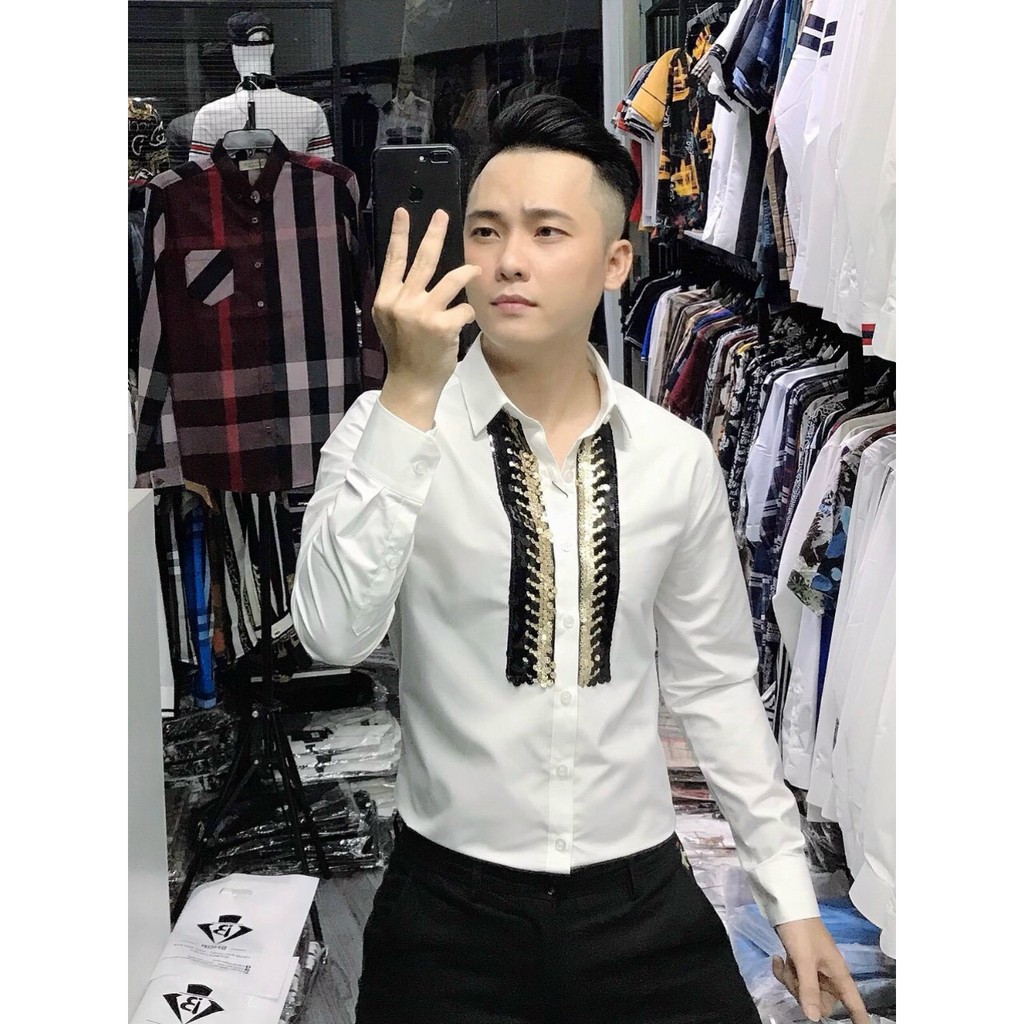 Áo Sơ Mi Nam Dài Tay Vải Lạnh Cao Cấp, Áo Sơ Mi Trắng Đen Họa Tiết Sọc Dáng Ôm Form Body