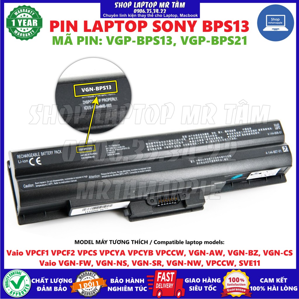 Pin Laptop SONY BPS13 - 6 CELL - Vaio VGN-AW, VGN-BZ, VGN-CS, VGN-FW, VGN-NS, VGN-SR, VGN-NW, VGN-CW, BPS21