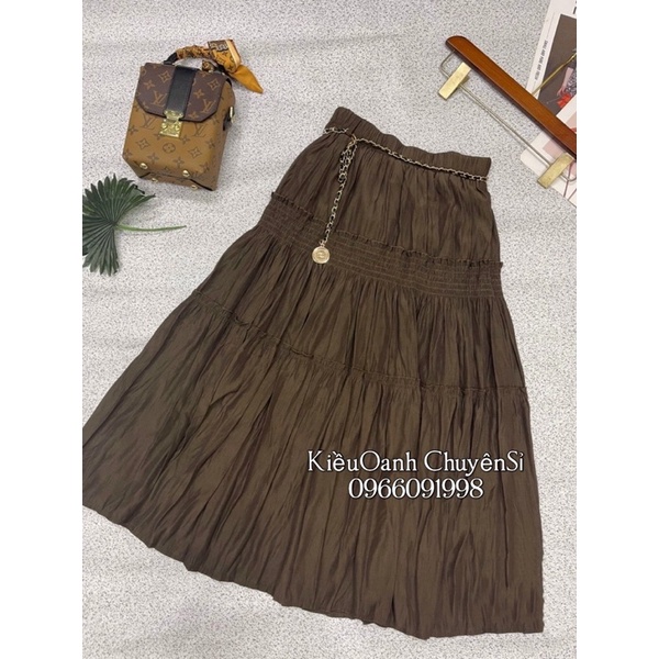 Chân váy lụa tầng dáng xoè dài midi kèm đai siêu xinh