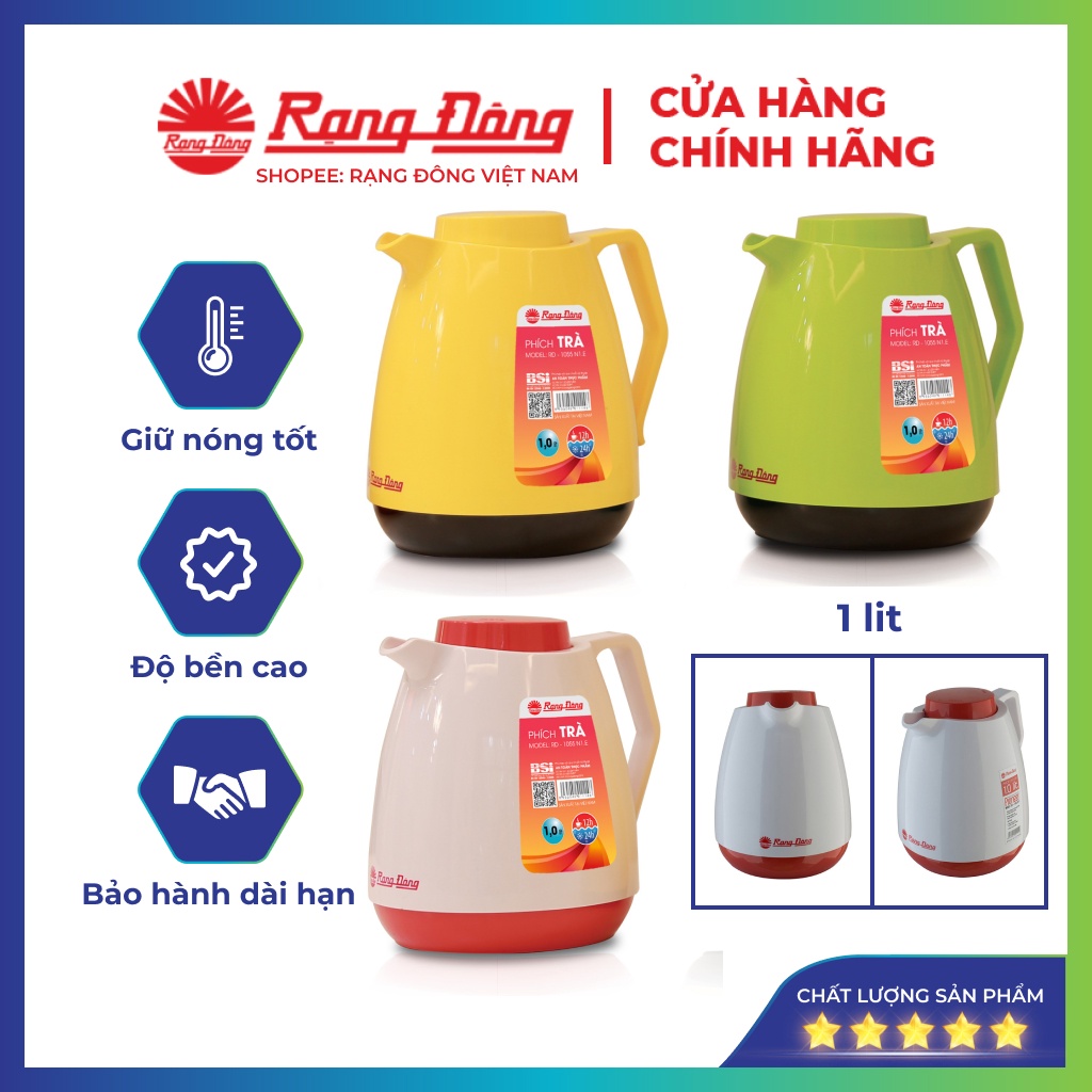 Phích trà 1 lít Rạng Đông cao cấp, bình thuỷ giữ nhiệt, Model RD 1055 N1.E