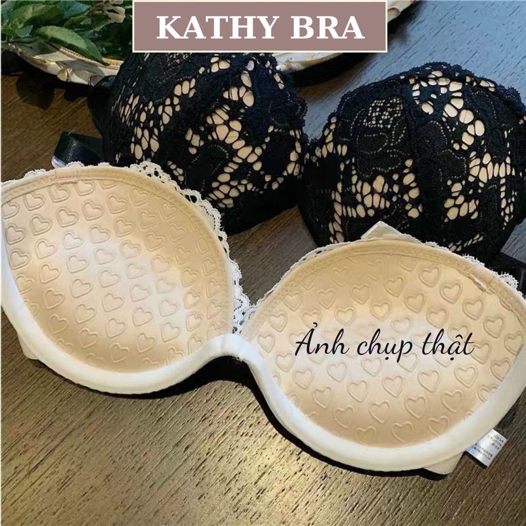 A25 [TẶNG KÈM DÂY] Áo Ngực Nữ Ren KATHY BRA Cúp Tim Nâng Ngực Chống Tụt Đệm Vừa Không Dây Hàng Quảng Châu