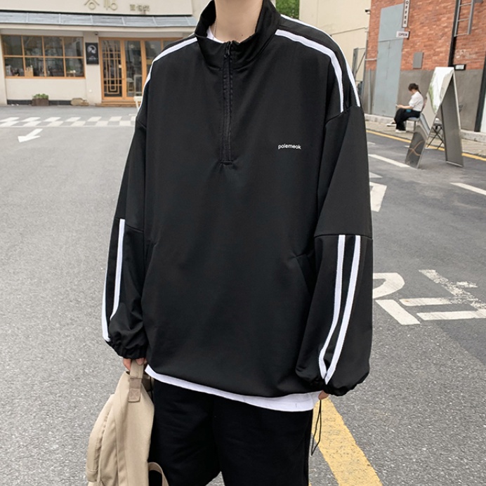 Áo Khoác Sweater Thể Thao Cổ Lọ Dáng Rộng Kẻ Sọc Phối Khóa Kéo Thời Trang Hàn Quốc Cho Nam