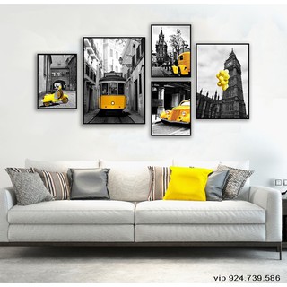 Bộ 5 tranh canvas treo tường London tông vàng đen hiện đại TTC0811