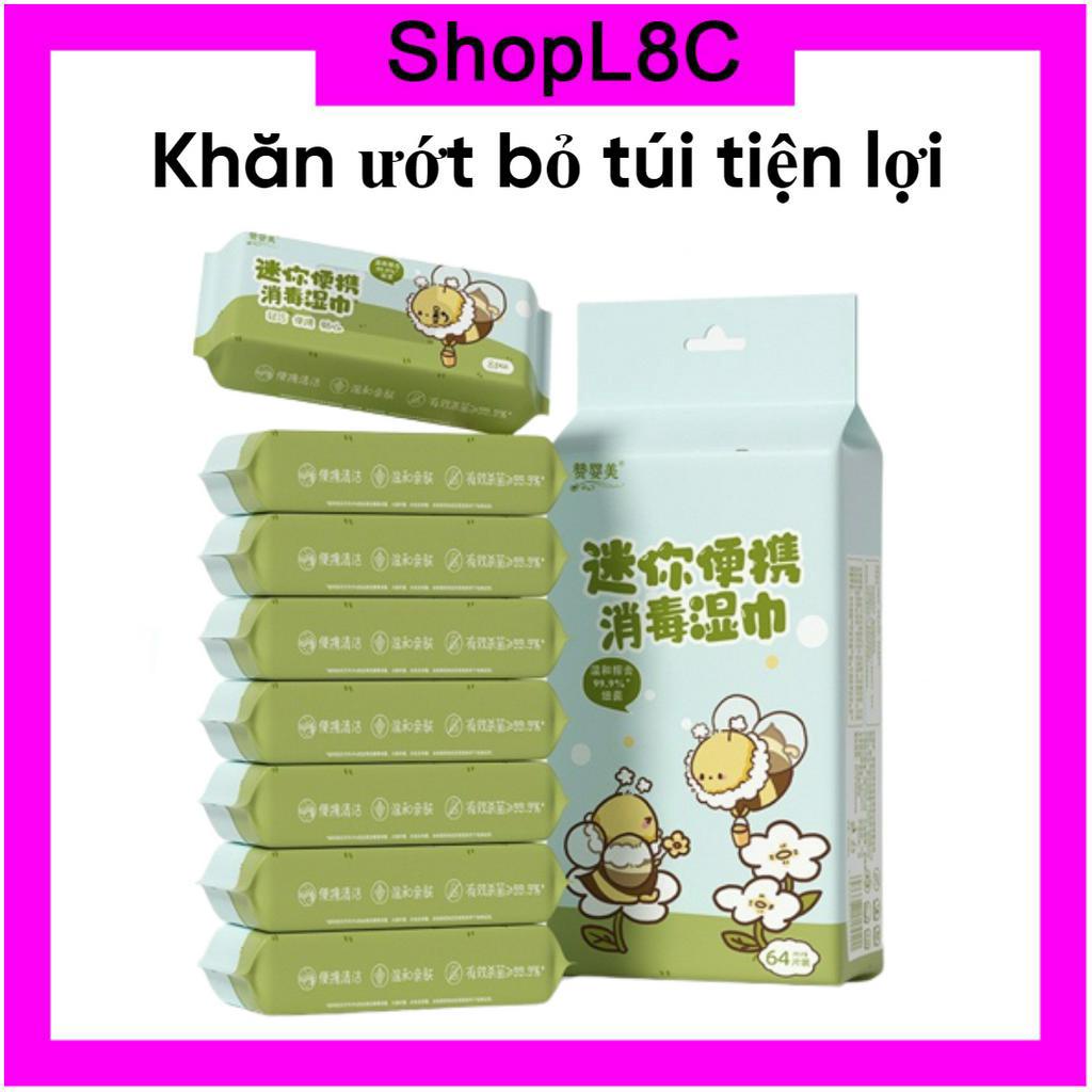 Khăn Giấy Ướt Mini Tiện Lợi Hộp 8 Túi 64 Chiếc , Bỏ Túi Dễ Thương An Toàn Cho Da