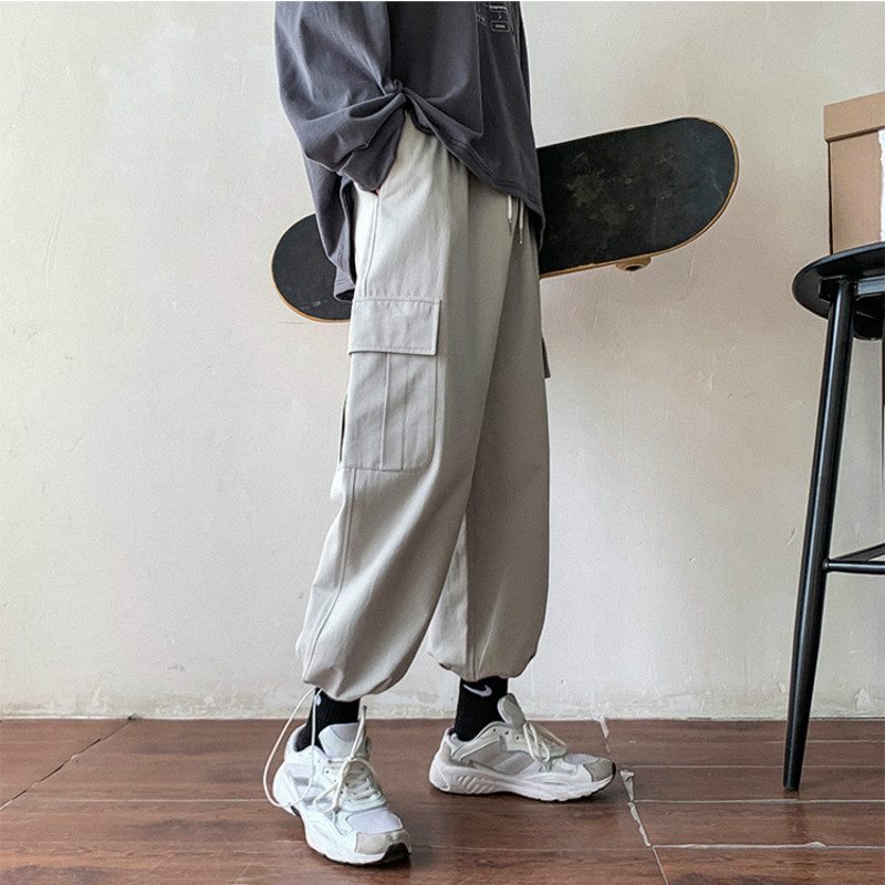 Quần dài phong cách túi hộp dáng trơn thời trang đường phố cho nam