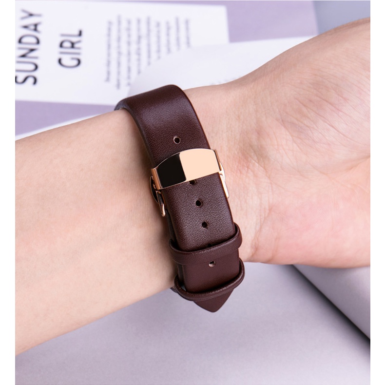 Dây Đeo Đồng Hồ Bằng Da Mềm Mỏng Có Khóa Kim Loại Màu Vàng Hồng 10/12/13/14/15/16/17/19/20/21/22mm