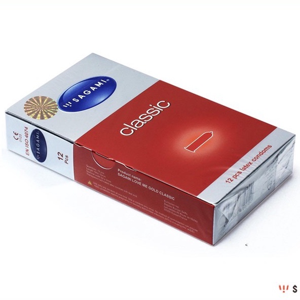 Bao cao su Sagami Classic, siêu mỏng co giãn, Kiểu truyền thống, Nhiều gel bôi trơn giúp trơn mượt, hộp 12 chiếc