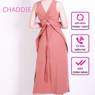 Đầm dạo phố dáng dài xẻ tà rút dây lưng màu hồng nude xinh xắn