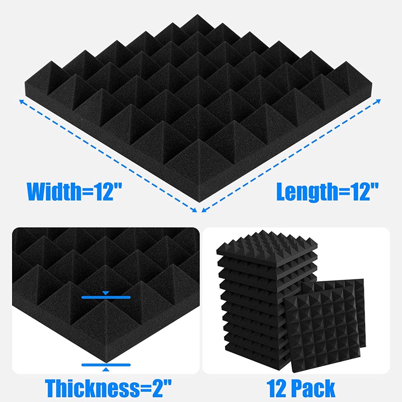 Set 12 Miếng Xốp Cách Âm Hình Kim Tự Tháp 2 Inch x 12 Inch x 12 Inch Gắn Tường / Nhà Ở / Văn Phòng