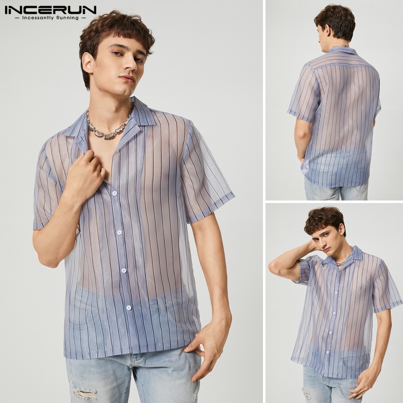 Áo sơ mi Incerun lưới tay ngắn trong suốt dáng rộng cài khuy kẻ sọc cá tính cho nam