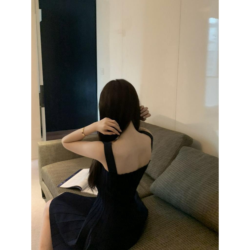 Ốp Đầm Lửng Hai Dây Màu Xanh navy Thời Trang Mùa Hè Cho Nữ