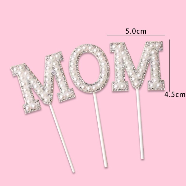 Trang trí bánh sinh nhật  set 3 thẻ cắm MOM đính hạt