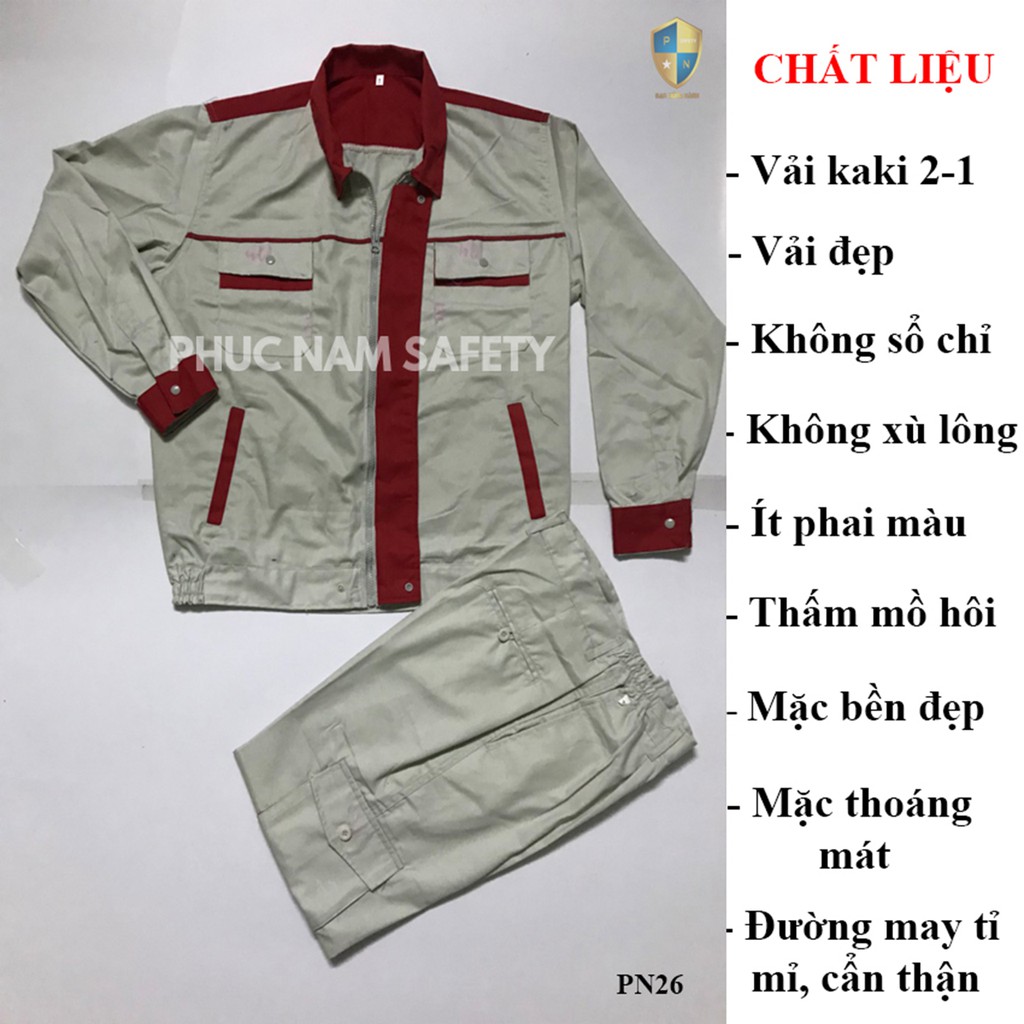 Bộ quần áo bảo hộ lao động ghi sáng phối đỏ có khóa kéo PN26, Quần áo bảo hộ lao động PN26, BHLĐ Phúc Nam