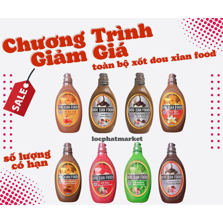 Sốt Topping Douxian Hàng Huy Đủ Vị (Socola, Dâu, Matcha, Đào, Vani) Chai 700ml