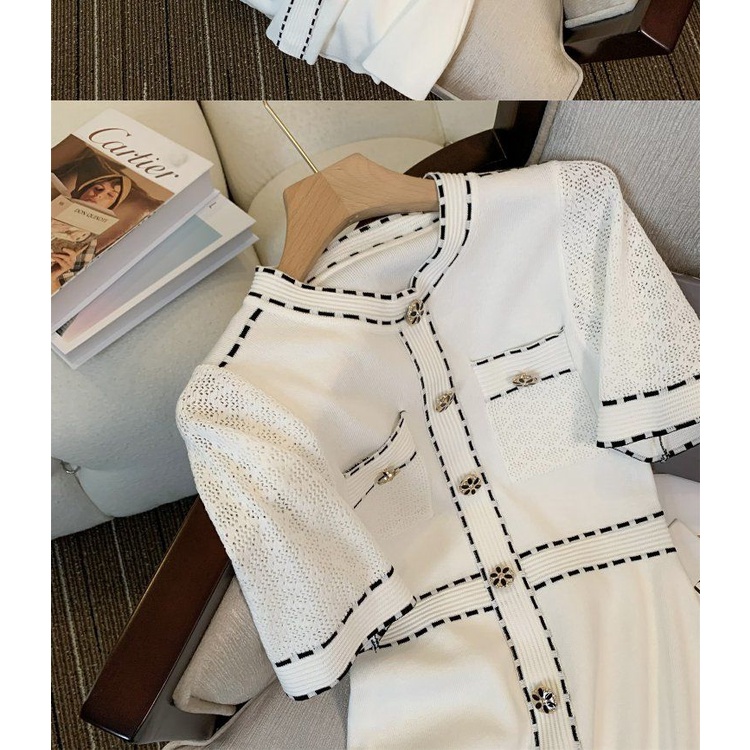Đầm dáng chữ A lụa lạnh dệt kim ôm eo cổ tròn màu đen/ màu trắng phong cách Châu Âu thời trang mùa hè sang trọng mới