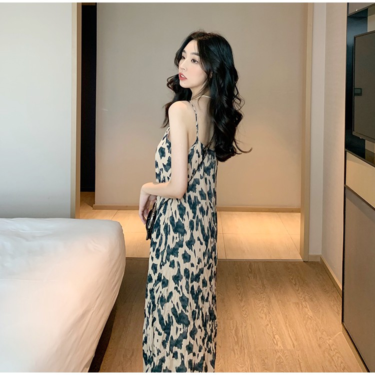 Đầm Maxi Hai Dây Chất Chiffon Họa Tiết Da Báo Phong Cách Hàn Quốc