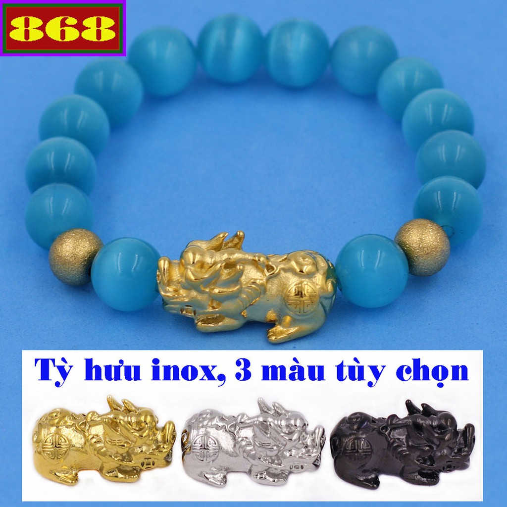 Vòng chuỗi đá xanh biển 10 ly tỳ hưu inox VTMEXBTHVHB10 - Hợp mệnh Mộc, mệnh Thủy