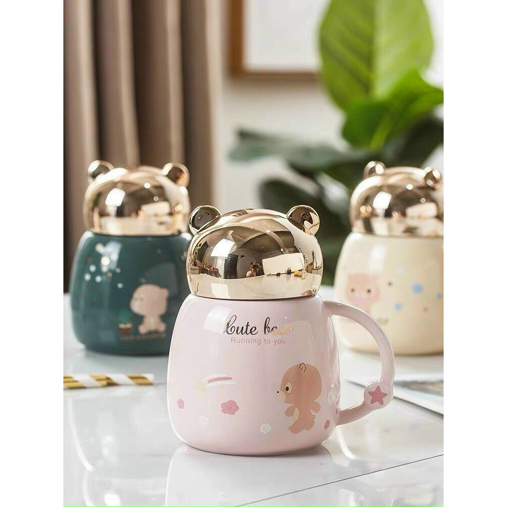 Ly cốc sứ có nắp CUTE BEAR có HỘP QUÀ cực đẹp Cốc giữ nhiệt gấu