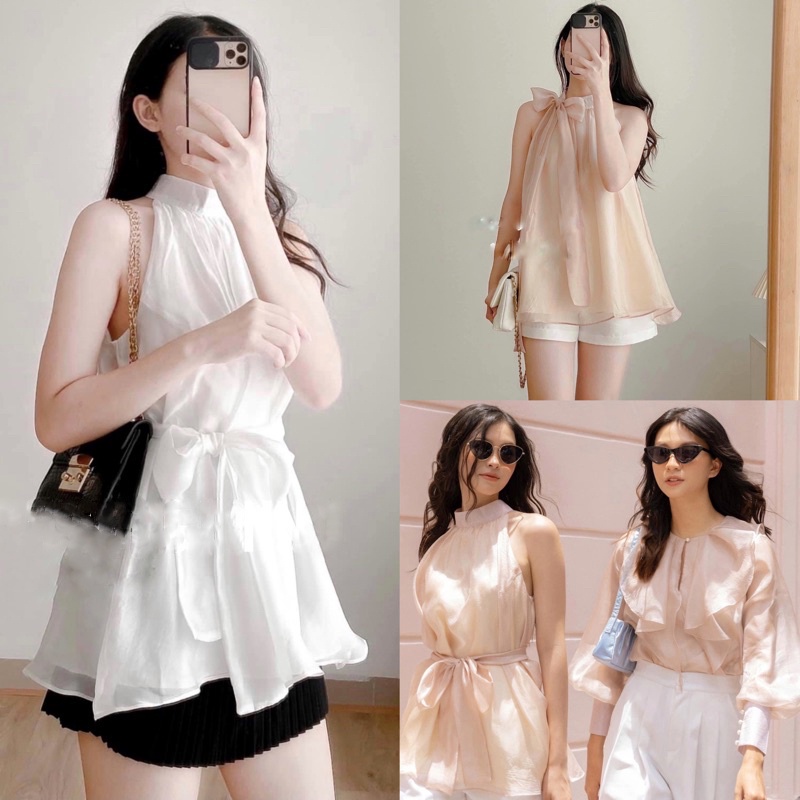 Áo voan tơ thắt nơ cách điệu ulzzang mẫu mới , Áo sơ mi nữ thiết kế không tay (video/ảnh thật/sẵn)
