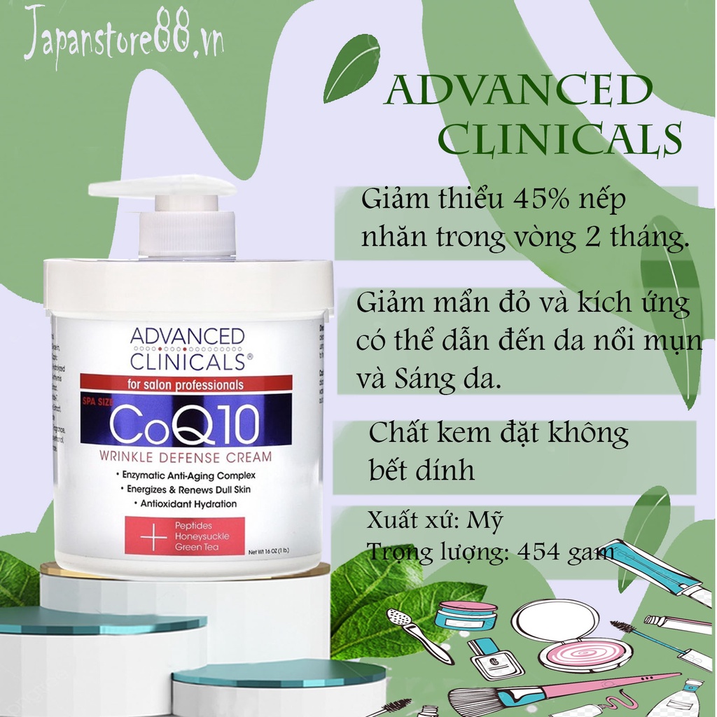 Kem dưỡng da Advanced Clinicals CoQ10 Wrinkle Defense Cream, 454g